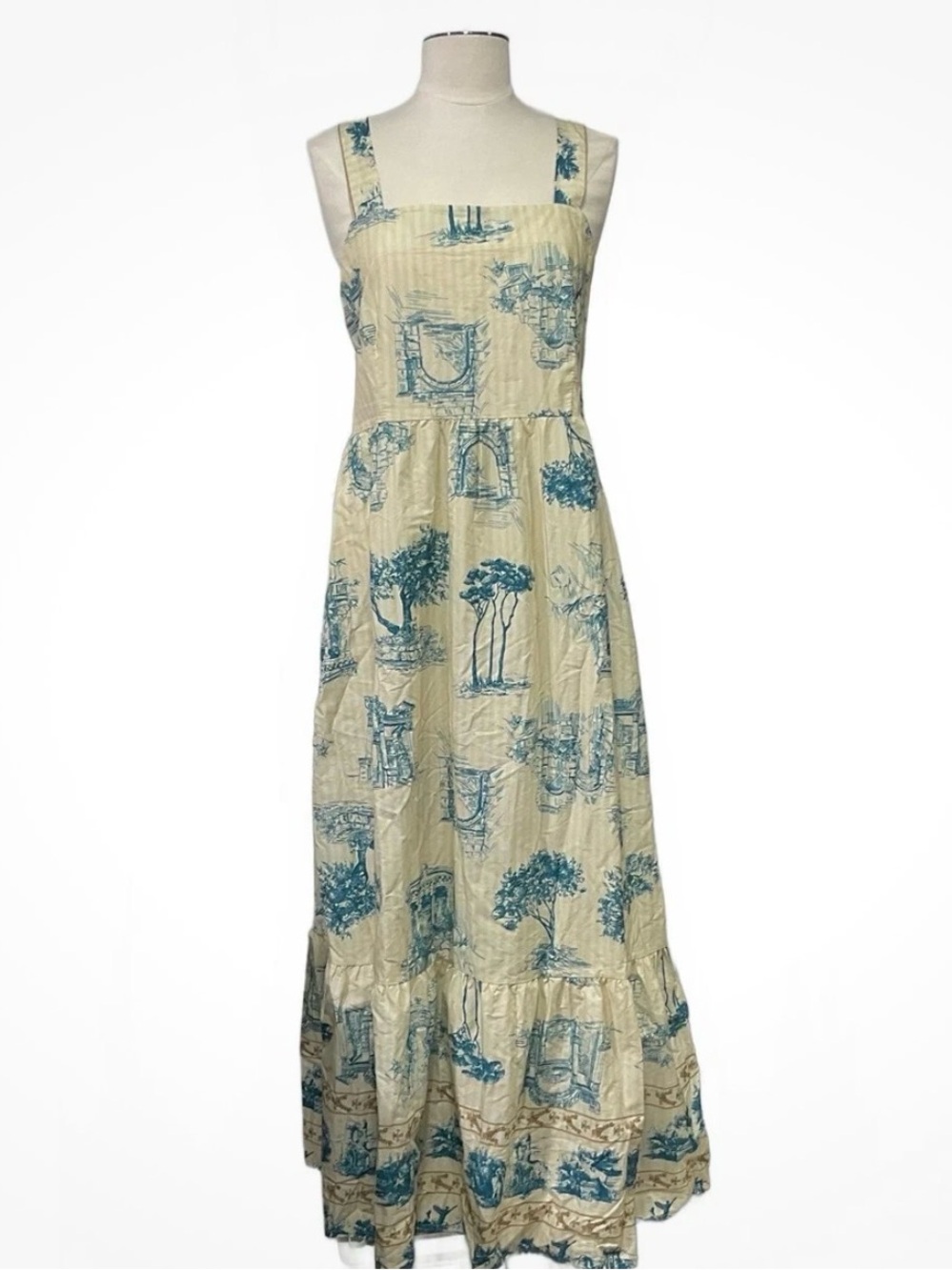 Bellambra XL Cream and Blue Toile Square-Neck Maxi Dress